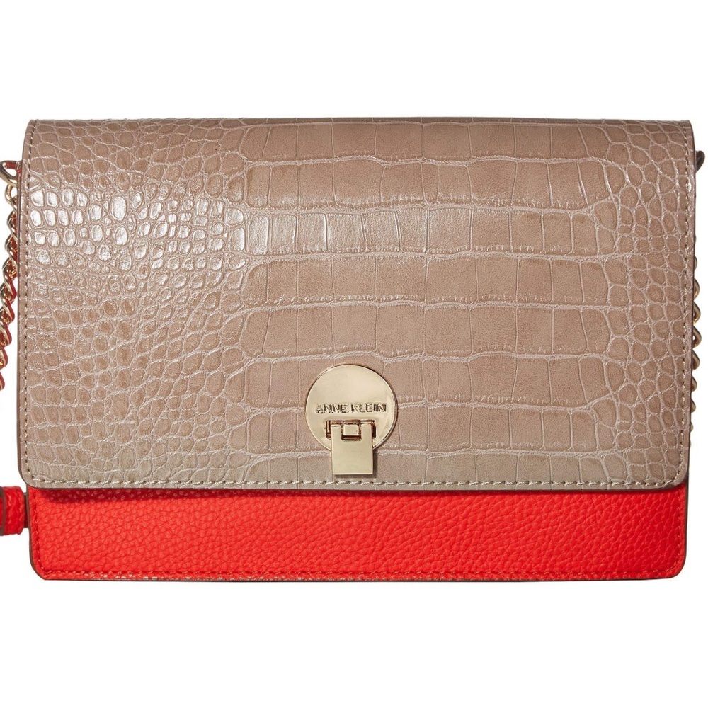 Anne Klein | Stylish Leather Tan and Red Women's Crossbody w/ Gold Chain